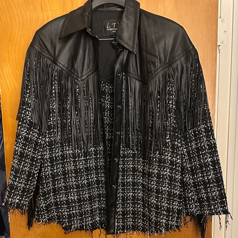 Black Fringe Tweed & Leather Jacket